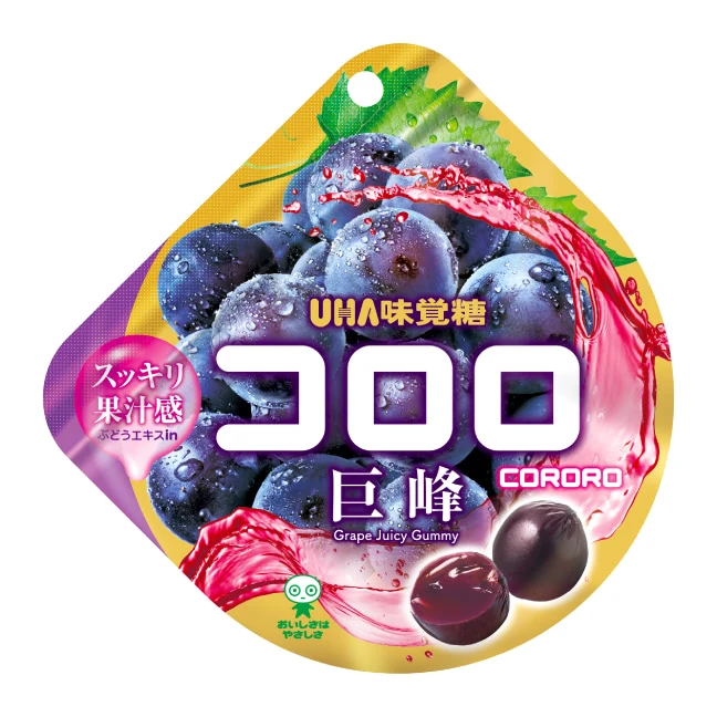 A pouch of UHA Mikakuto Kororo Kyoho grape gummies (maker photo).