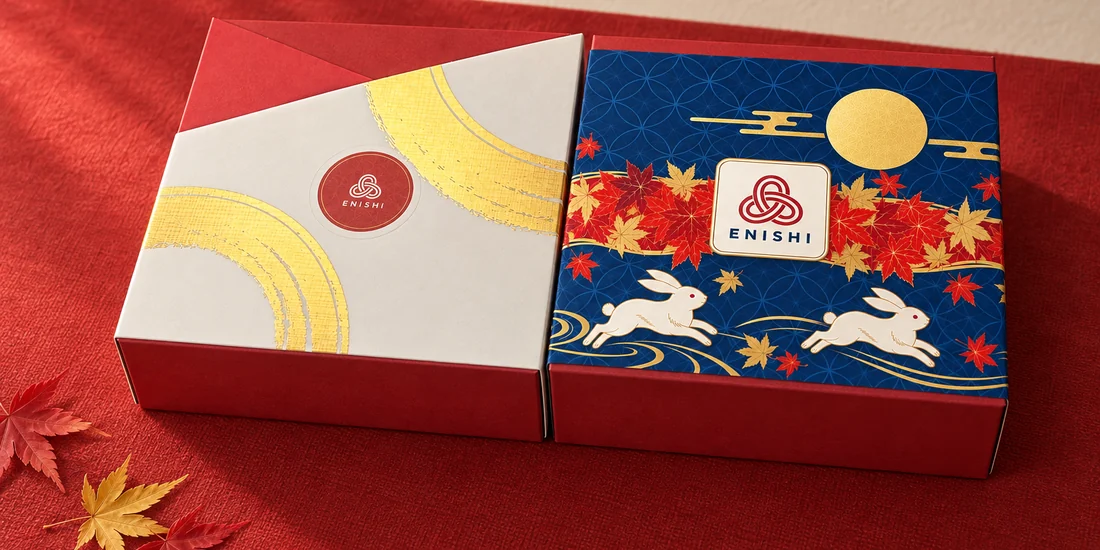 Our two ENISHI boxes, closed, side by side: the ivory box with gold arcs and a red ENISHI seal, and a box wrapped in this autumn’s navy paper band with maple leaves, a gold moon and white rabbits (illustration based on our real boxes).